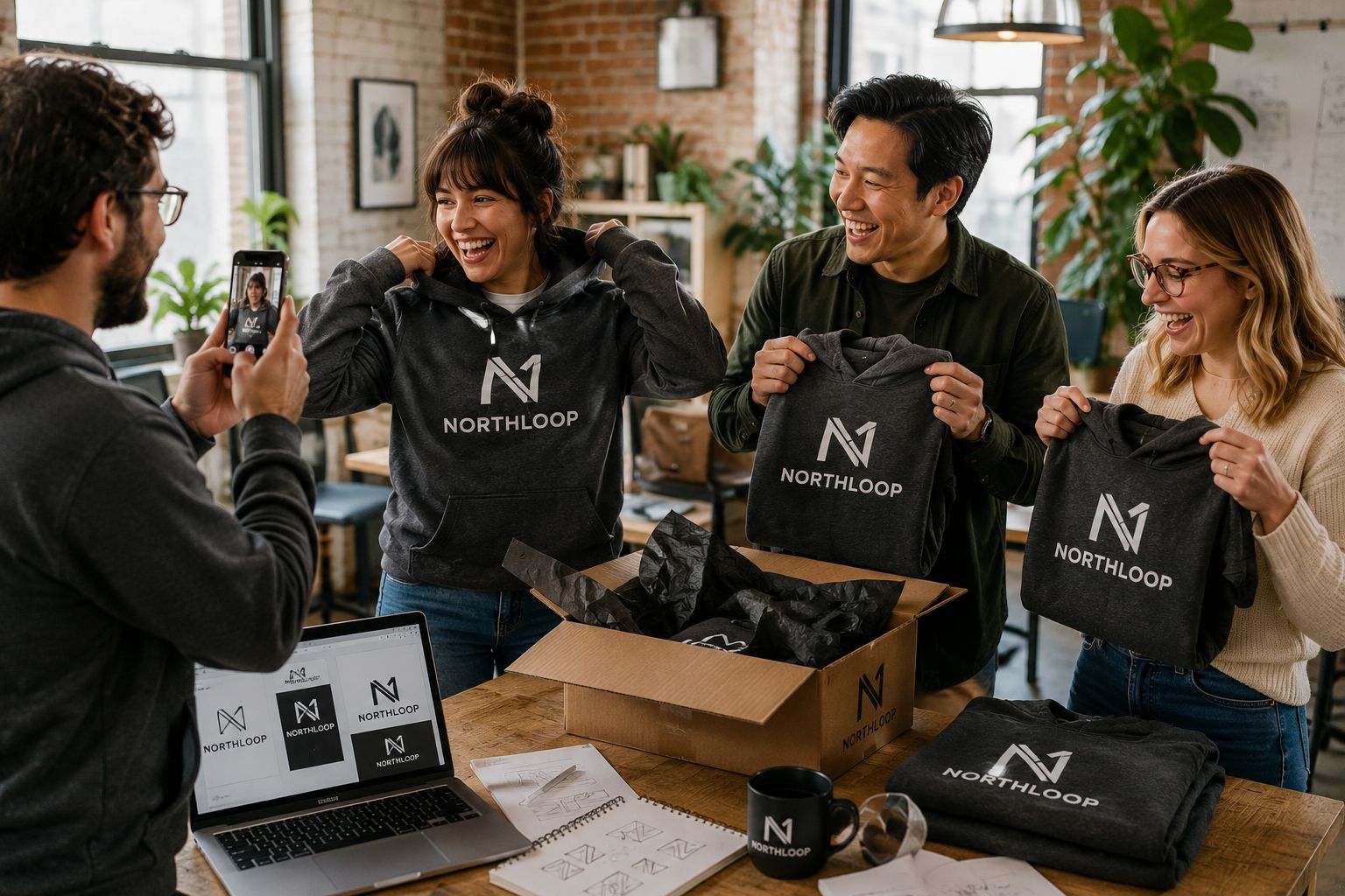 Startup team in matching branded hoodies