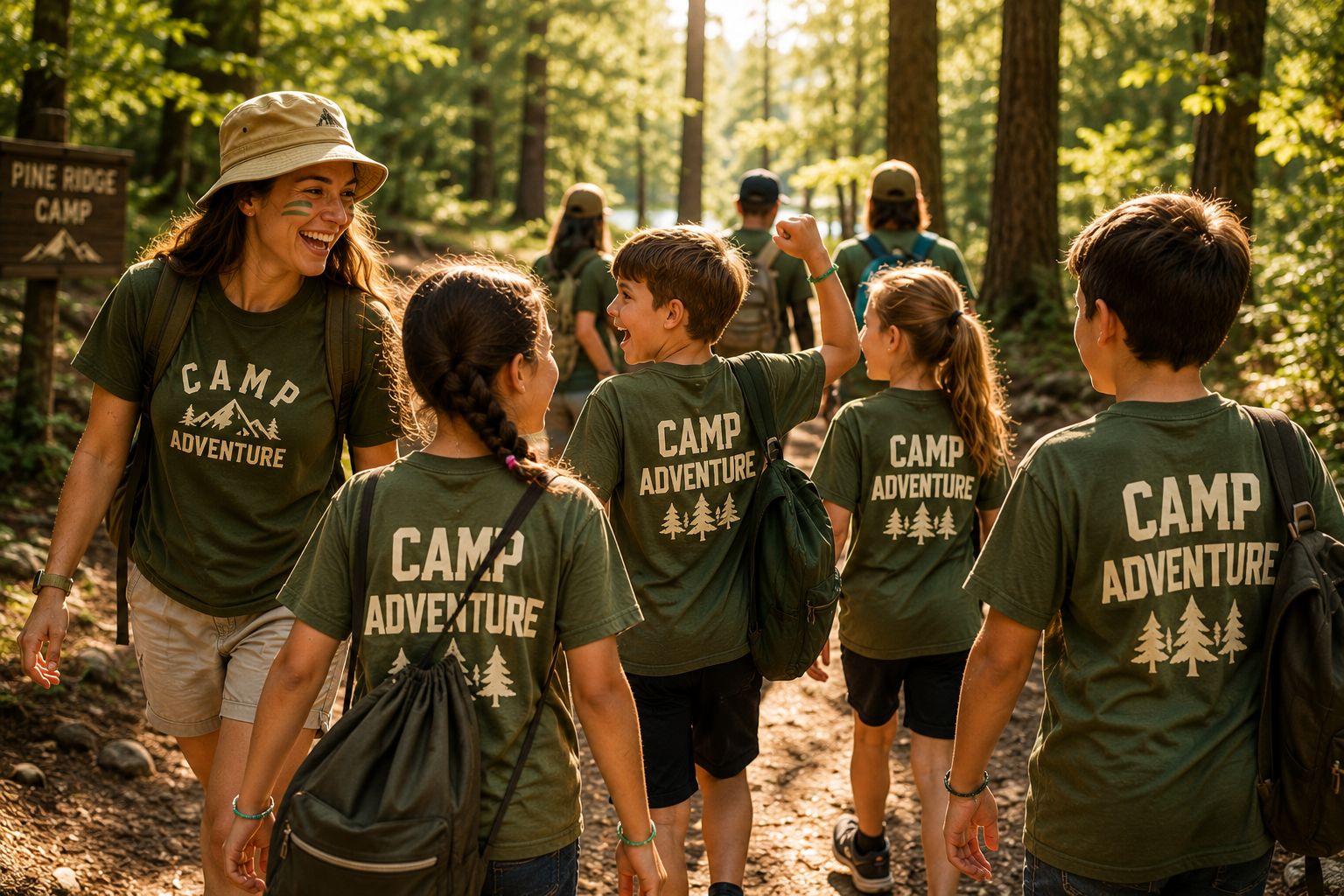Camp counselor and campers in matching custom CAMP CREW tees