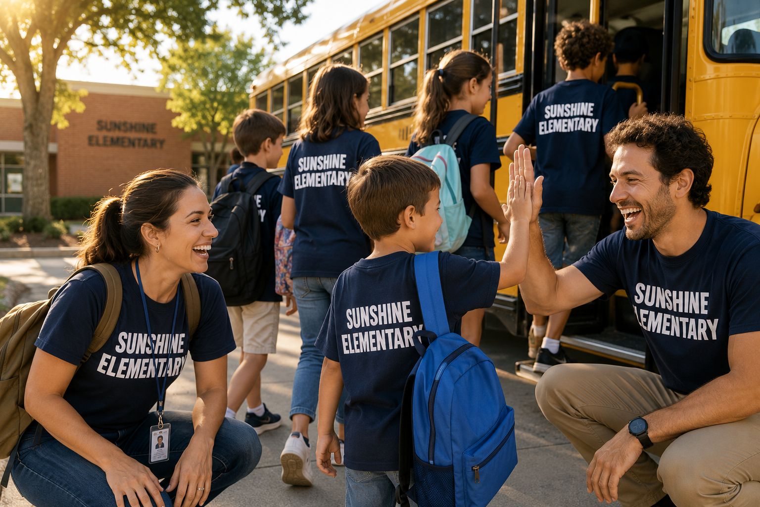 Teachers and kids in custom SCHOOL CREW shirts boarding a school bus
